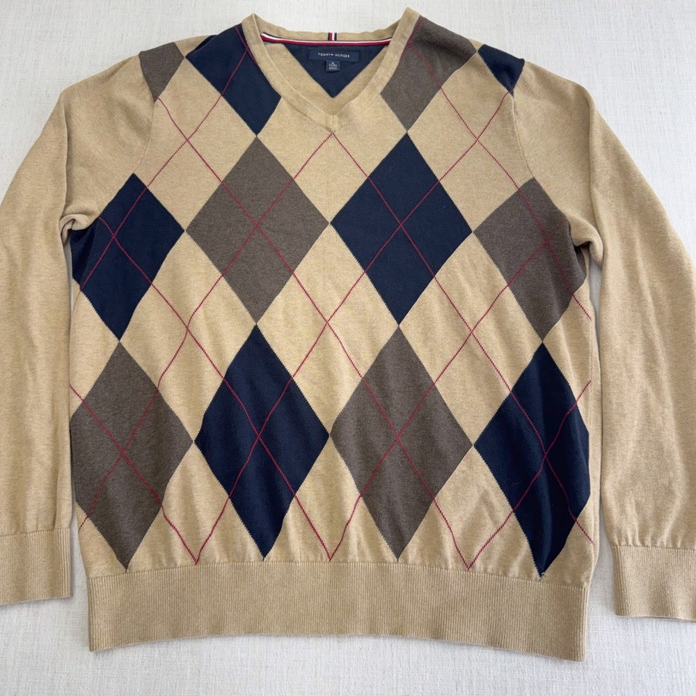 Tommy Hilfiger Mens XL Argyle V-Neck Sweater Tan Navy Blue 100% Cotton Pullover